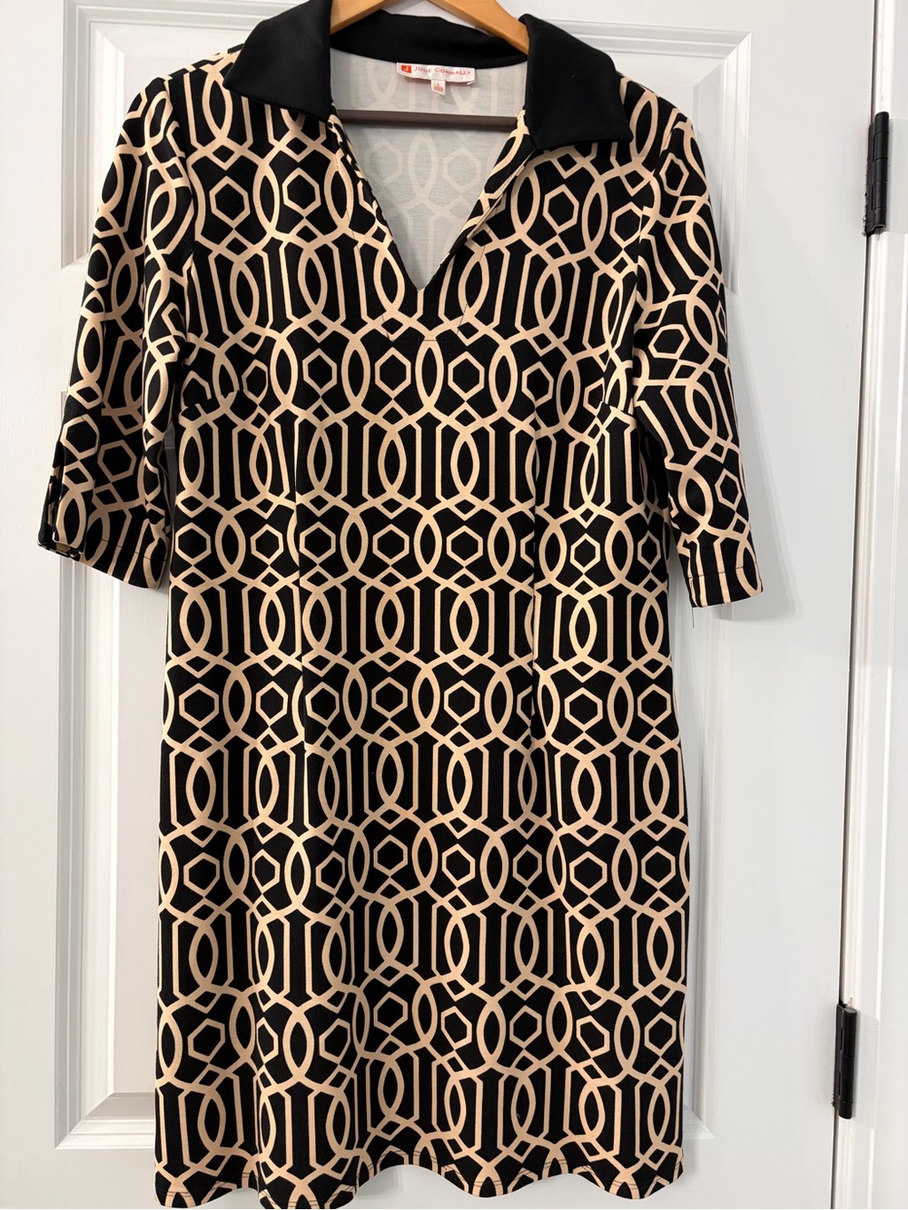 Jude Connally Black Dress with Beige Geometric Print